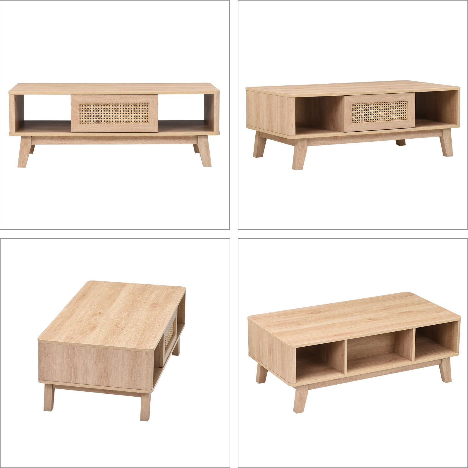 Coffee Table, Mid Century Living Room Tables with Storage, Modern Square with Rattan Drawer, Wooden Living Room Table with Solid Wood Leg
