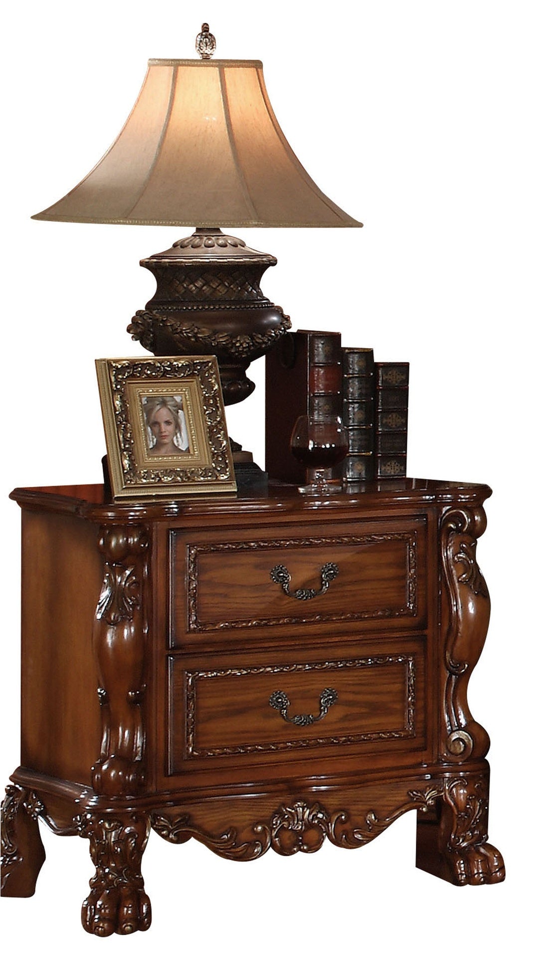 Traditional Luxury Nightstand with 2 Drawers Cherry Oak Finish Solid Hardwood Elegant Formal Bedroom Furniture 1pc