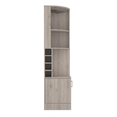 Corner bar cabinet 71" H, with two shelves at the top, 1 glass holder, 8 exterior bottle racks, 1 central shelf and a lower drawer with 2 side doors, light gray