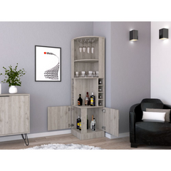 Corner bar cabinet 71" H, with two shelves at the top, 1 glass holder, 8 exterior bottle racks, 1 central shelf and a lower drawer with 2 side doors, light gray