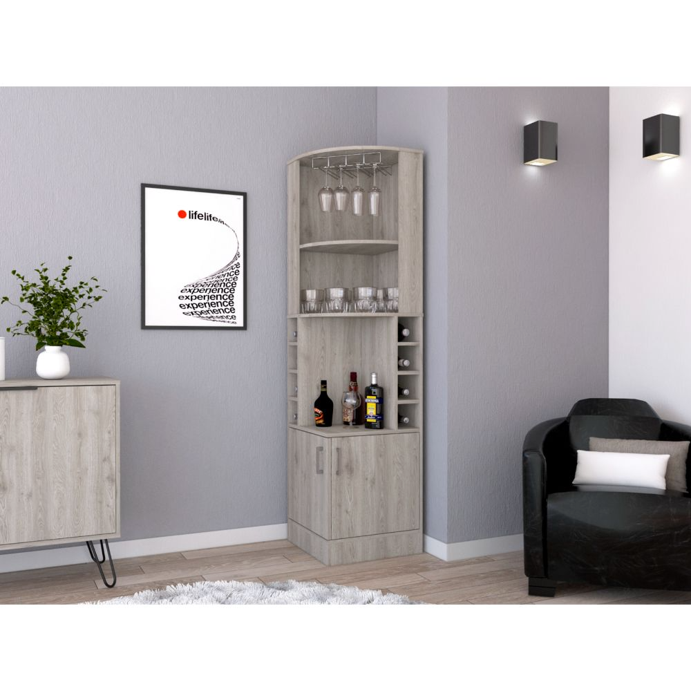 Corner bar cabinet 71" H, with two shelves at the top, 1 glass holder, 8 exterior bottle racks, 1 central shelf and a lower drawer with 2 side doors, light gray