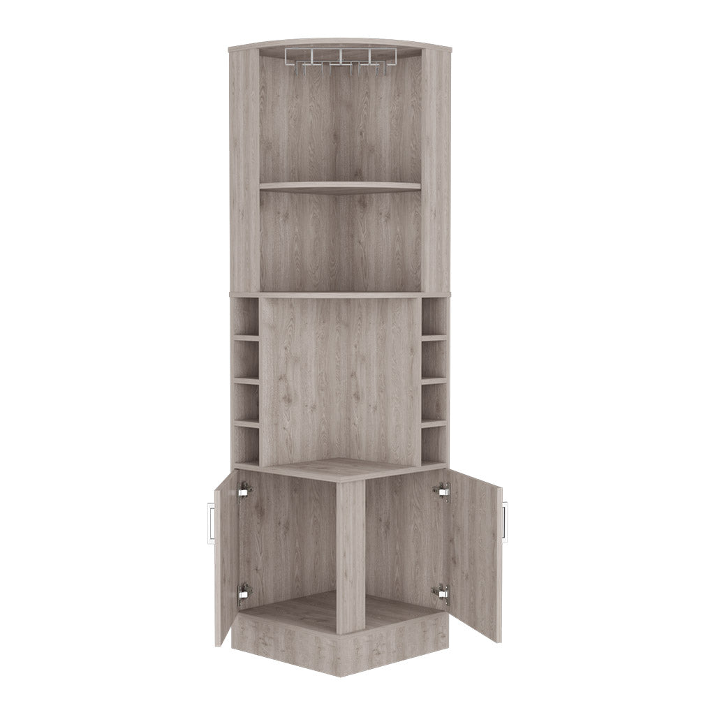 Corner bar cabinet 71" H, with two shelves at the top, 1 glass holder, 8 exterior bottle racks, 1 central shelf and a lower drawer with 2 side doors, light gray