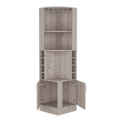 Corner bar cabinet 71" H, with two shelves at the top, 1 glass holder, 8 exterior bottle racks, 1 central shelf and a lower drawer with 2 side doors, light gray