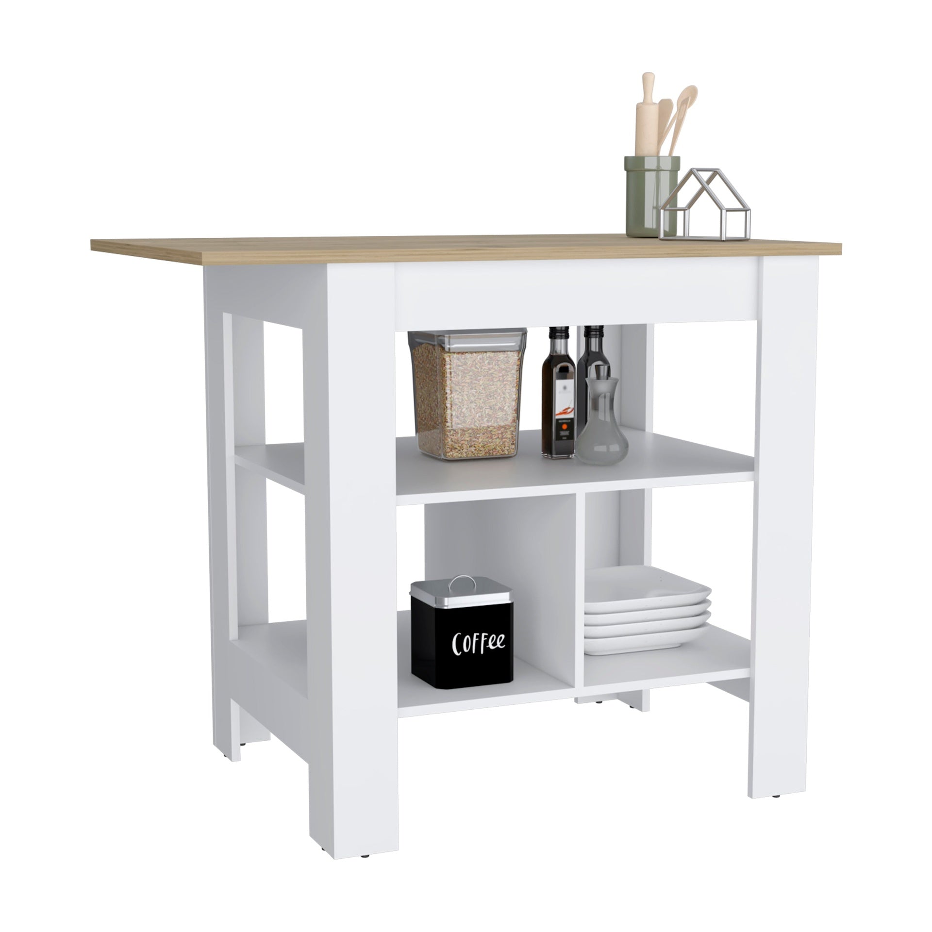 Kitchen Island, kitchen table 35" H, 3 Open Shelves, White/Macadamia