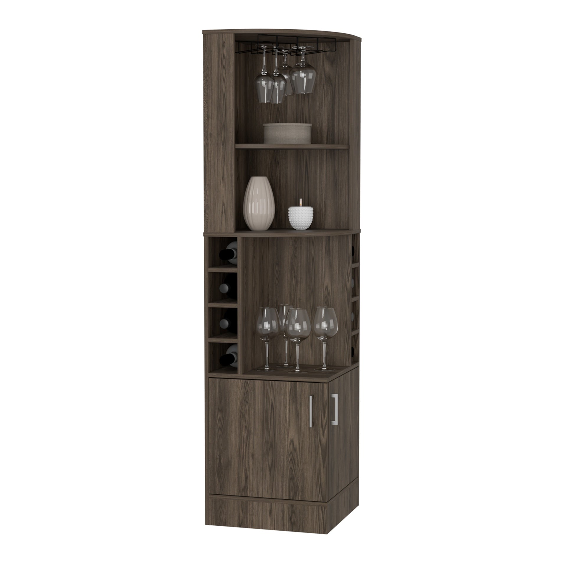 Corner Bar Cabinet, Two External Shelves, Dark Walnut