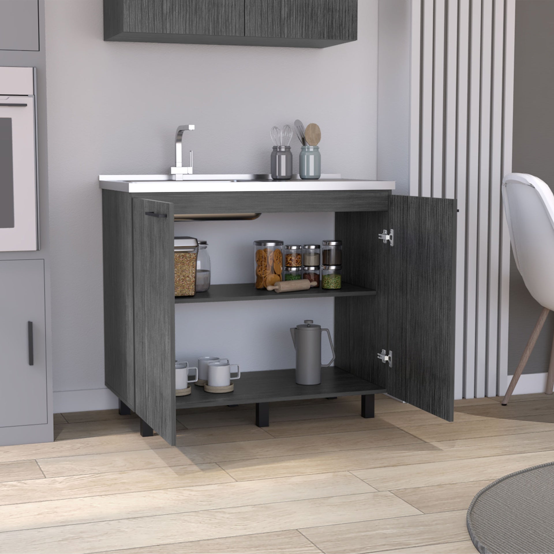 2 Freestanding Utility Base Cabinet with Stainless Steel Countertop and 2-Door, Smokey Oak