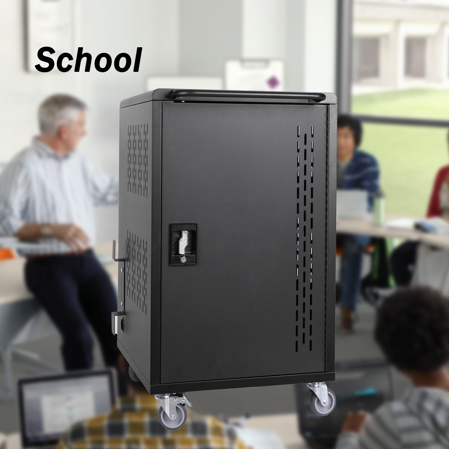 32 Bay Mobile School Charging Cart Station for Chromebook, Tablet and Laptop Computer with Power Strip Included, Assembly Required-BLACK