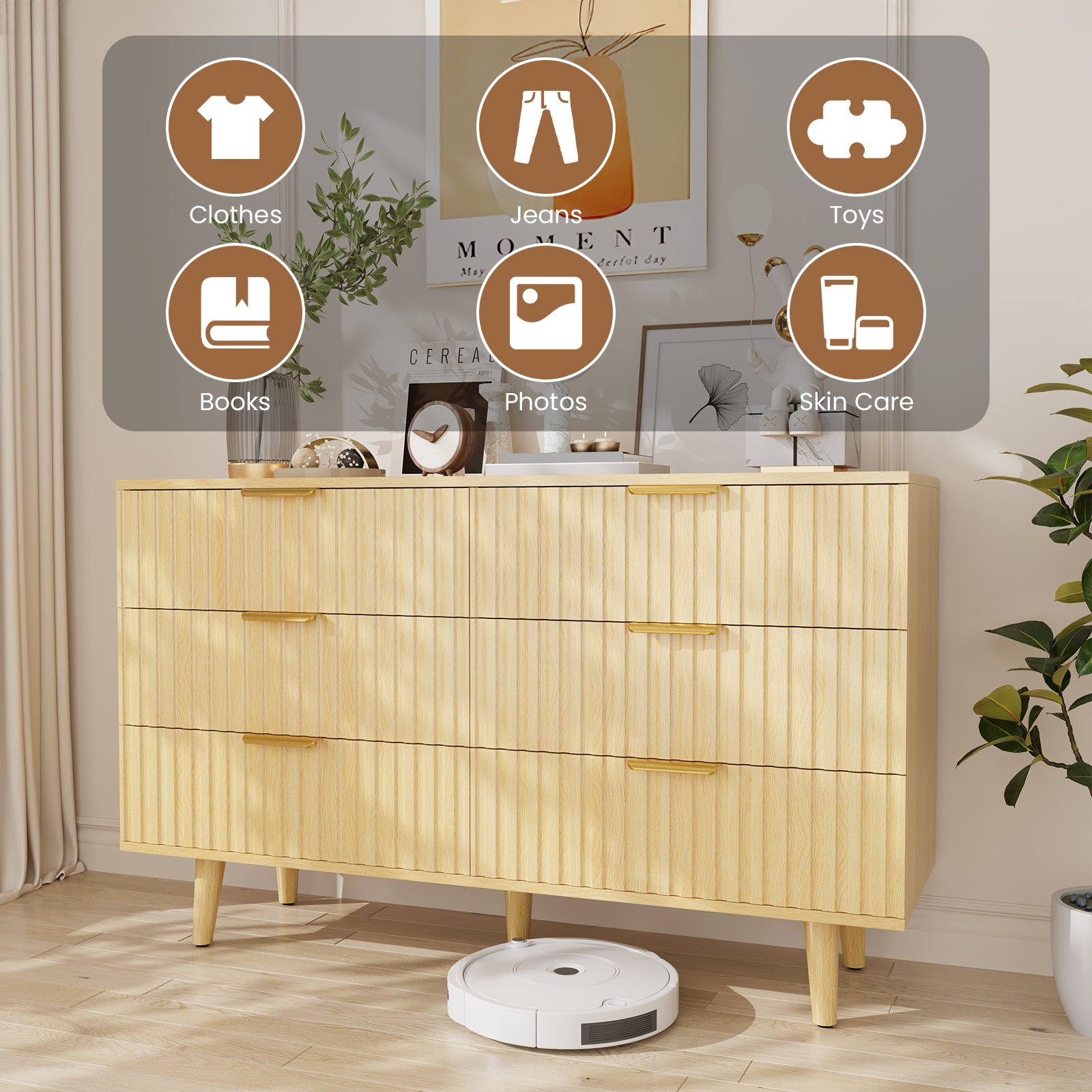 6 Drawer Dresser for Bedroom, Fluted Wooden Chest of Drawers for Children's Room,  Nursery, Entrance, Natural, 47.24 inchW x 14.96 inchD x 33.06 inchH
