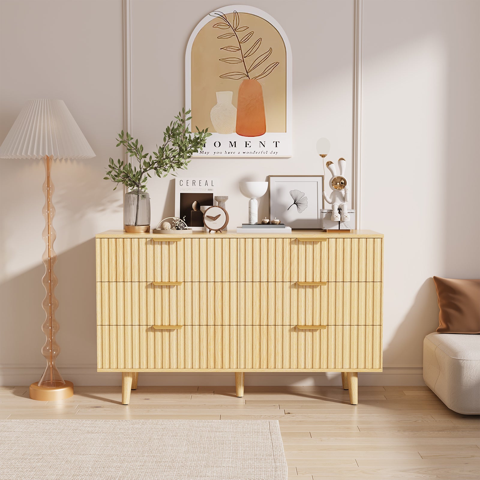 6 Drawer Dresser for Bedroom, Fluted Wooden Chest of Drawers for Children's Room,  Nursery, Entrance, Natural, 47.24 inchW x 14.96 inchD x 33.06 inchH