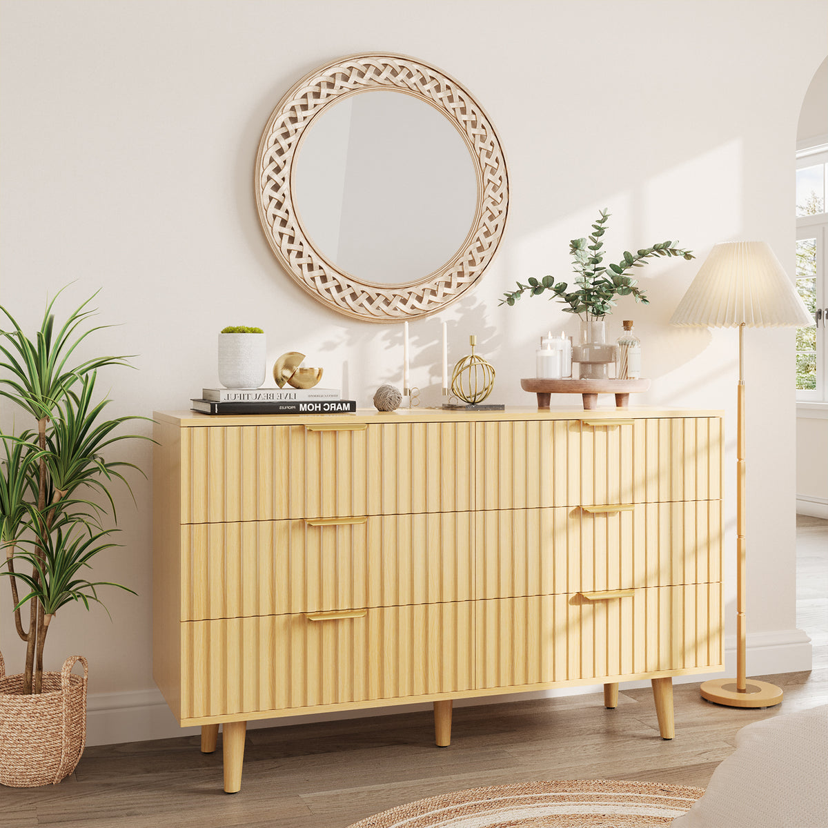 6 Drawer Dresser for Bedroom, Fluted Wooden Chest of Drawers for Children's Room,  Nursery, Entrance, Natural, 47.24 inchW x 14.96 inchD x 33.06 inchH