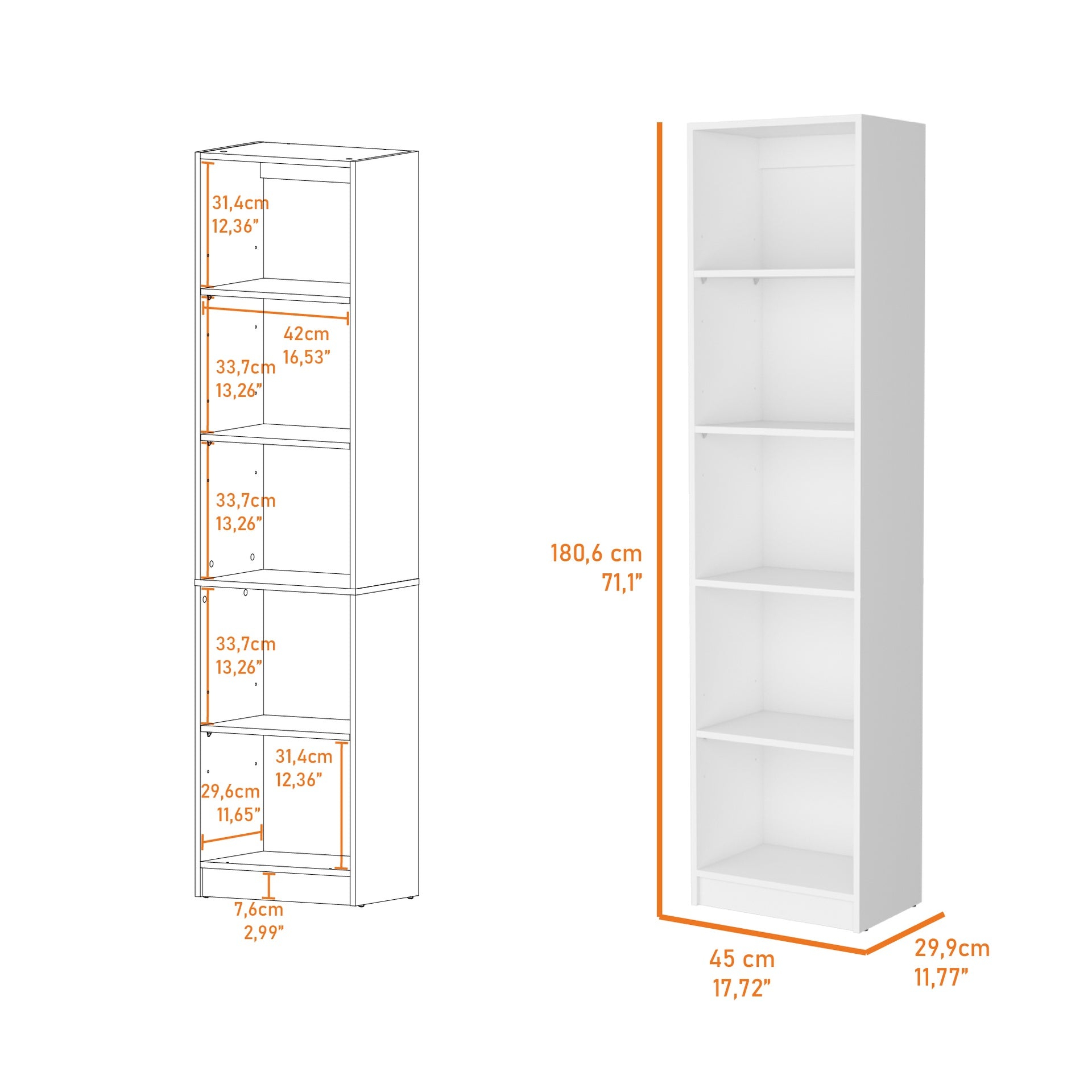 Sutton Slim Bookcase with Modern 5-Shelf Design