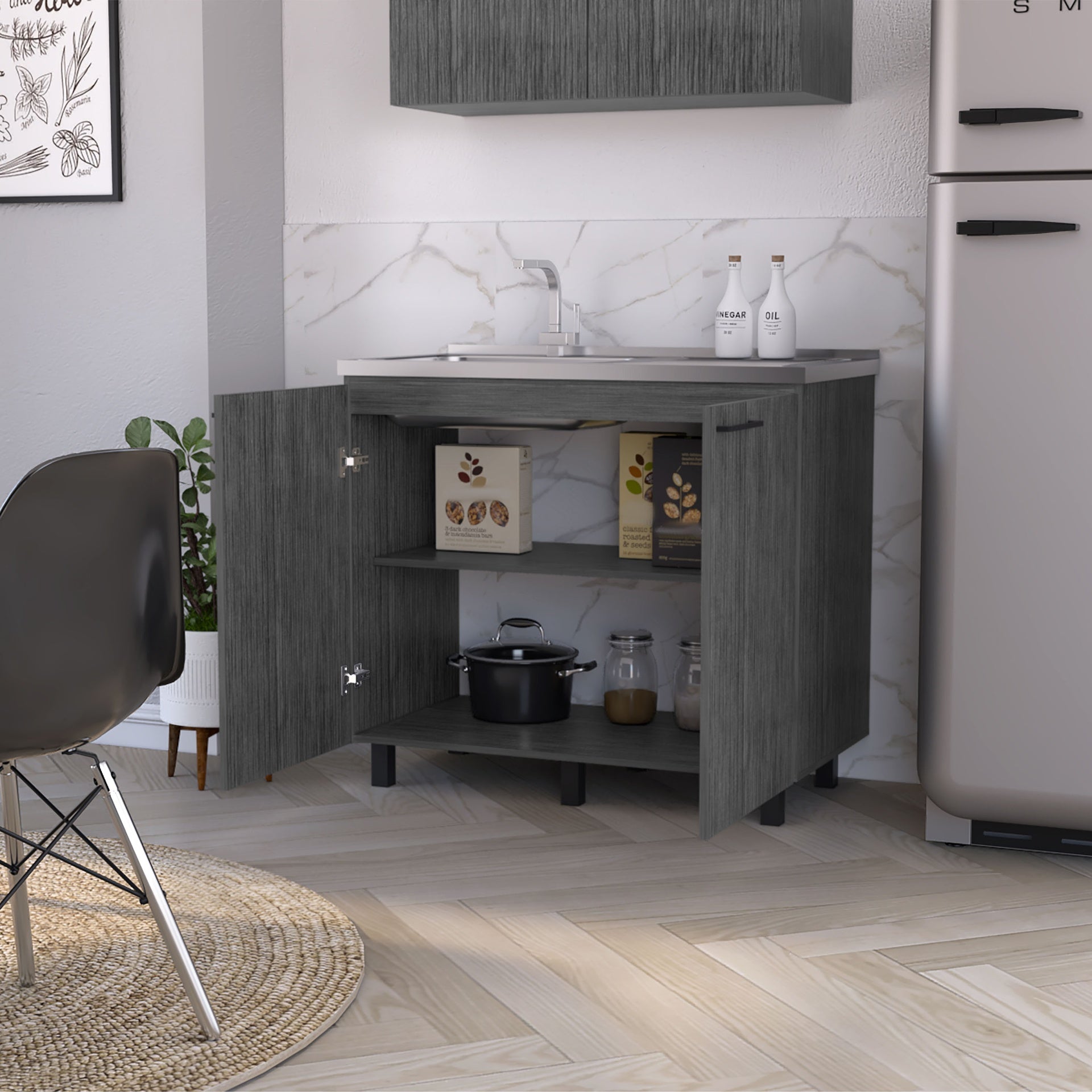 FM FURNITURE Oklahoma 2 Utility Sink & Cabinet, Interior Shelf, Stainless Steel Countertop ,Smokey Oak