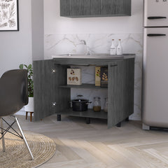 FM FURNITURE Oklahoma 2 Utility Sink & Cabinet, Interior Shelf, Stainless Steel Countertop ,Smokey Oak