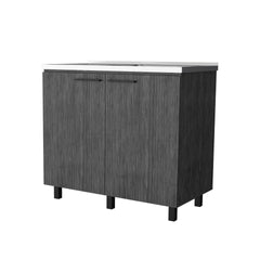 FM FURNITURE Oklahoma 2 Utility Sink & Cabinet, Interior Shelf, Stainless Steel Countertop ,Smokey Oak