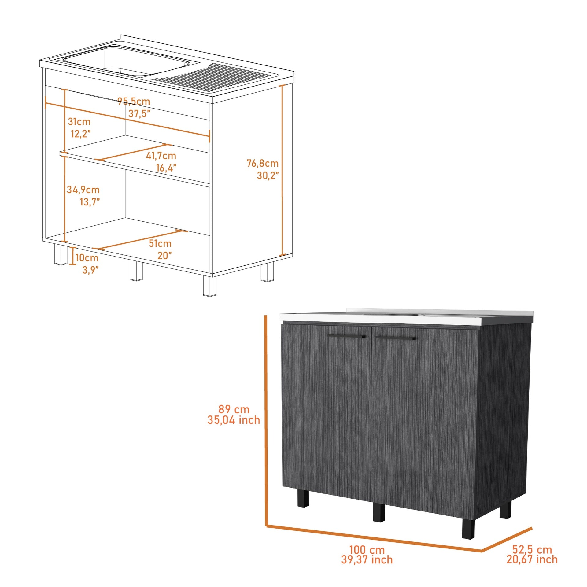 FM FURNITURE Oklahoma 2 Utility Sink & Cabinet, Interior Shelf, Stainless Steel Countertop ,Smokey Oak