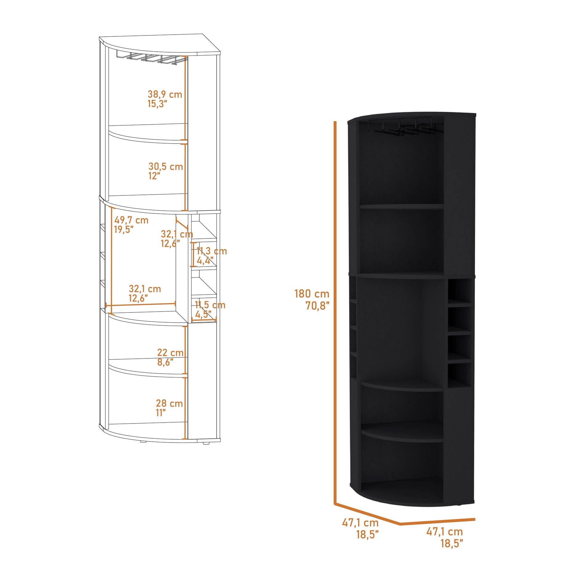 FM FURNITURE Clifton Corner Bar Cabinet, with 5 shelves,Cup Hanger and Eight Built-in Wine Rack, Black