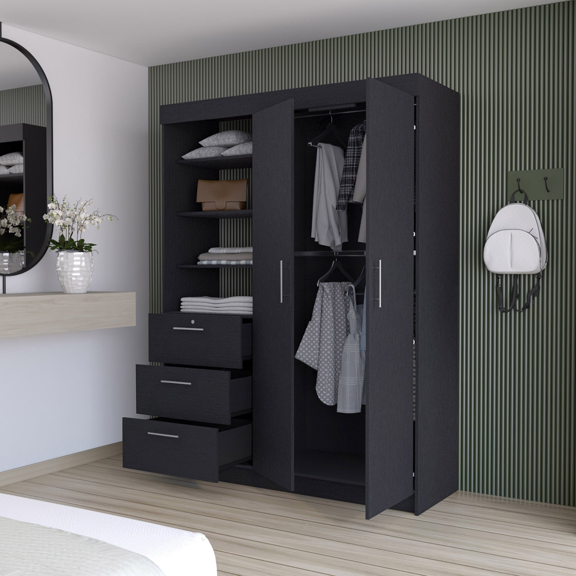 Tempe 3 Drawers Armoire, 3-Tier Shelf, 2-Door