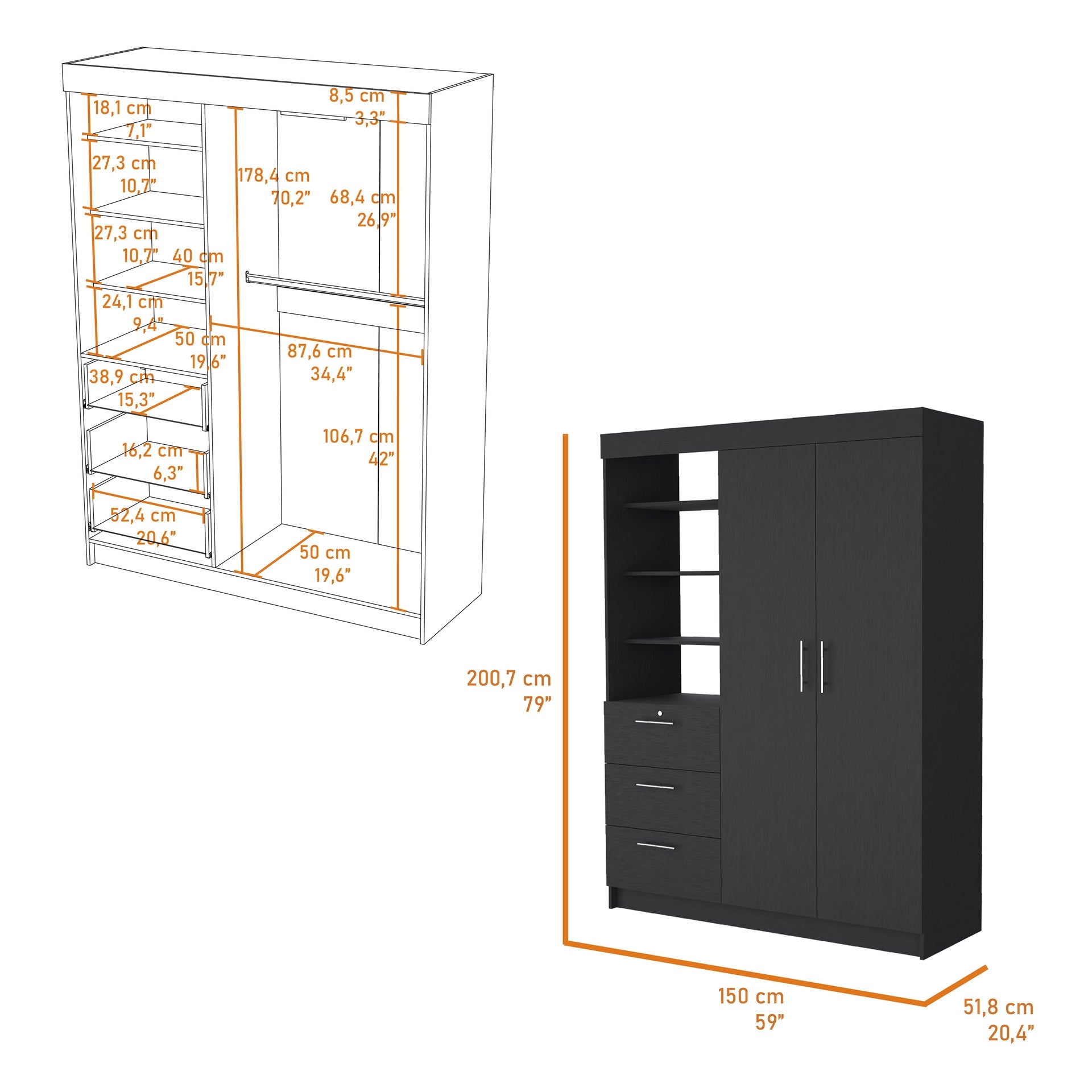 Tempe 3 Drawers Armoire, 3-Tier Shelf, 2-Door