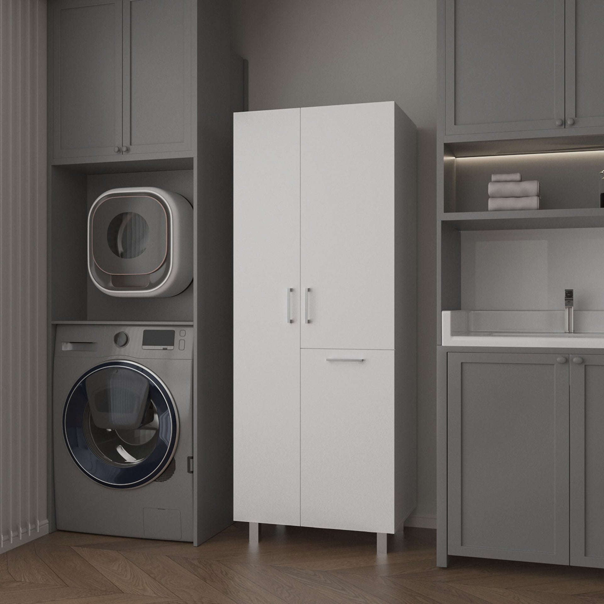 FM FURNITURE The Mirage Modern Storage Cabinet with 2 Doors, 1 Drawer, and Metal Legs, Perfect for Organizing Bathrooms, Laundry Rooms, and Common Areas, White