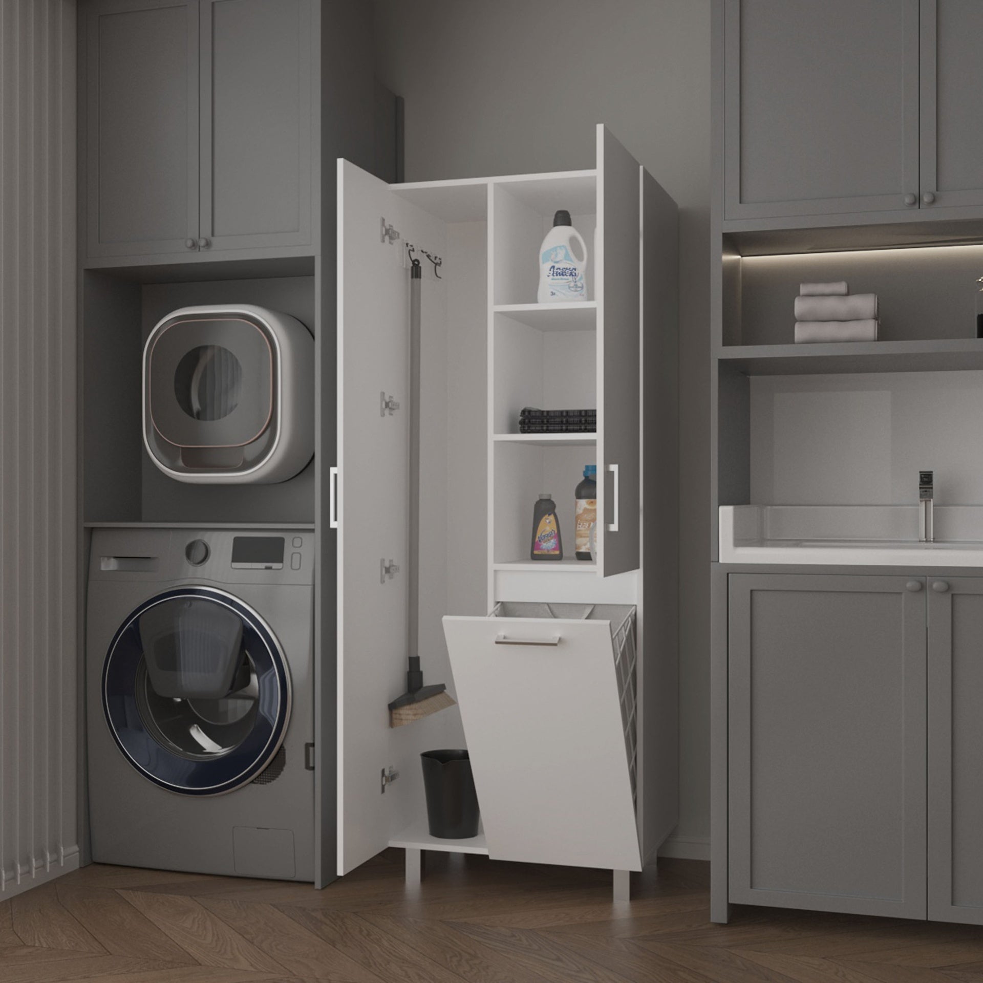 FM FURNITURE The Mirage Modern Storage Cabinet with 2 Doors, 1 Drawer, and Metal Legs, Perfect for Organizing Bathrooms, Laundry Rooms, and Common Areas, White