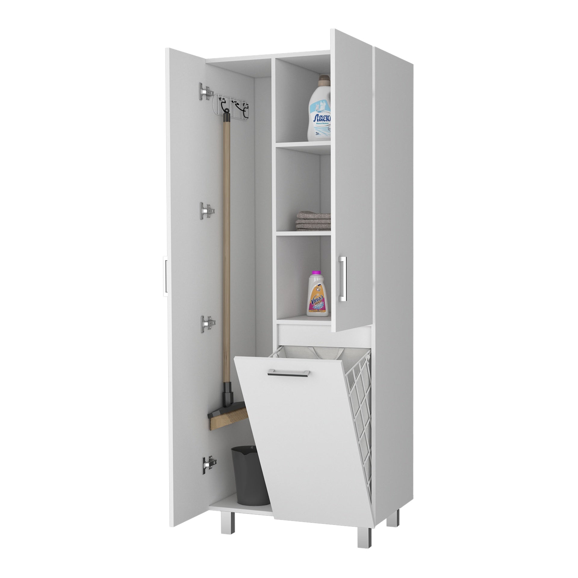 FM FURNITURE The Mirage Modern Storage Cabinet with 2 Doors, 1 Drawer, and Metal Legs, Perfect for Organizing Bathrooms, Laundry Rooms, and Common Areas, White