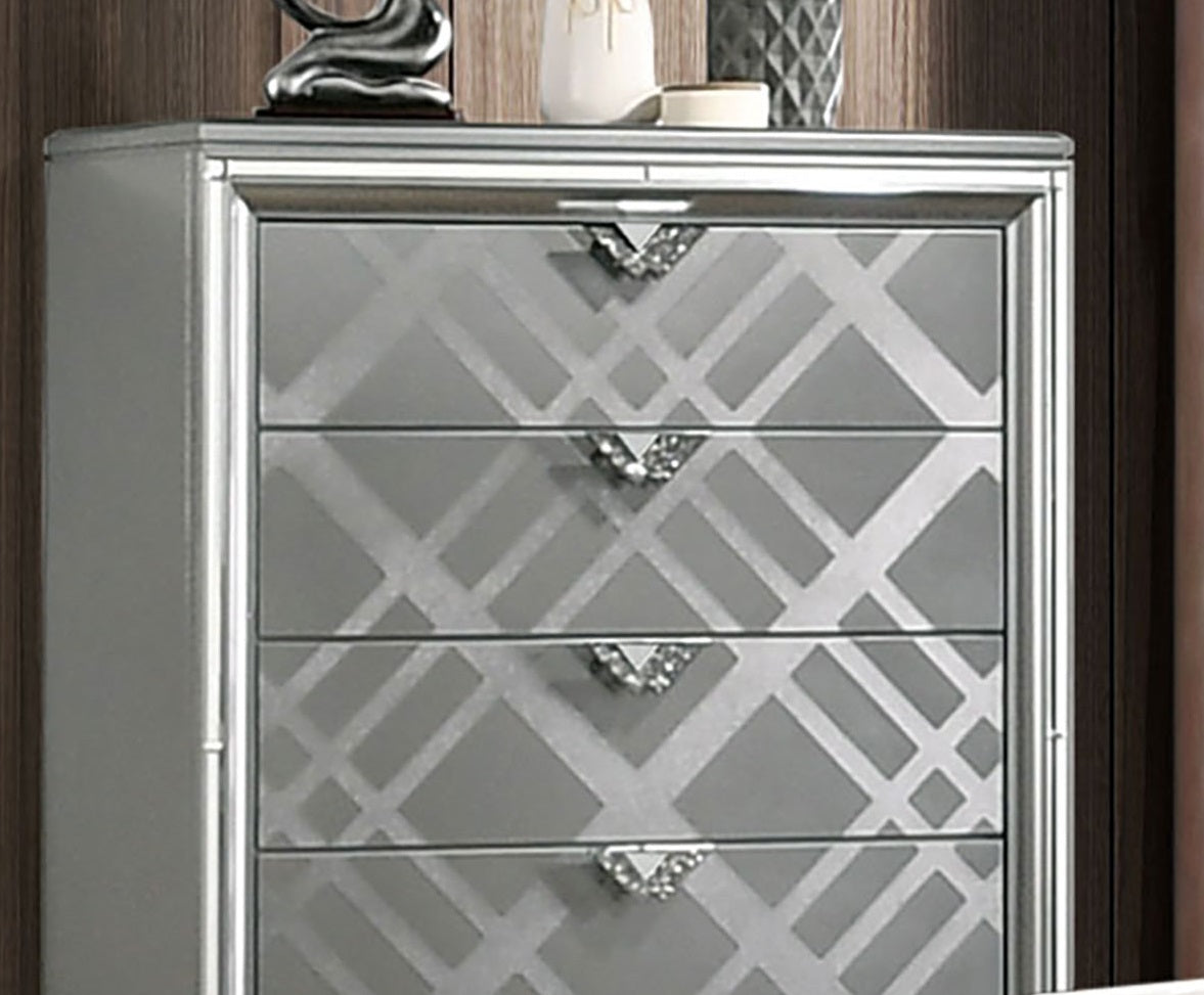Contemporary Style 1pc Chest Acrylic Legs Embossed Art Deco Diamond Faux Drawers Handles Silver Finish