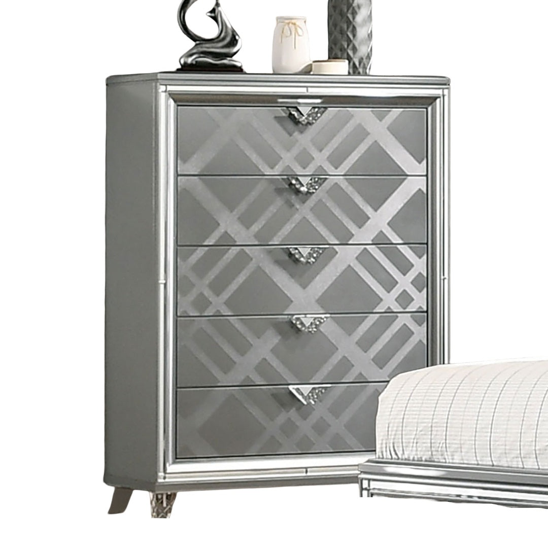 Contemporary Style 1pc Chest Acrylic Legs Embossed Art Deco Diamond Faux Drawers Handles Silver Finish