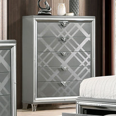 Contemporary Style 1pc Chest Acrylic Legs Embossed Art Deco Diamond Faux Drawers Handles Silver Finish