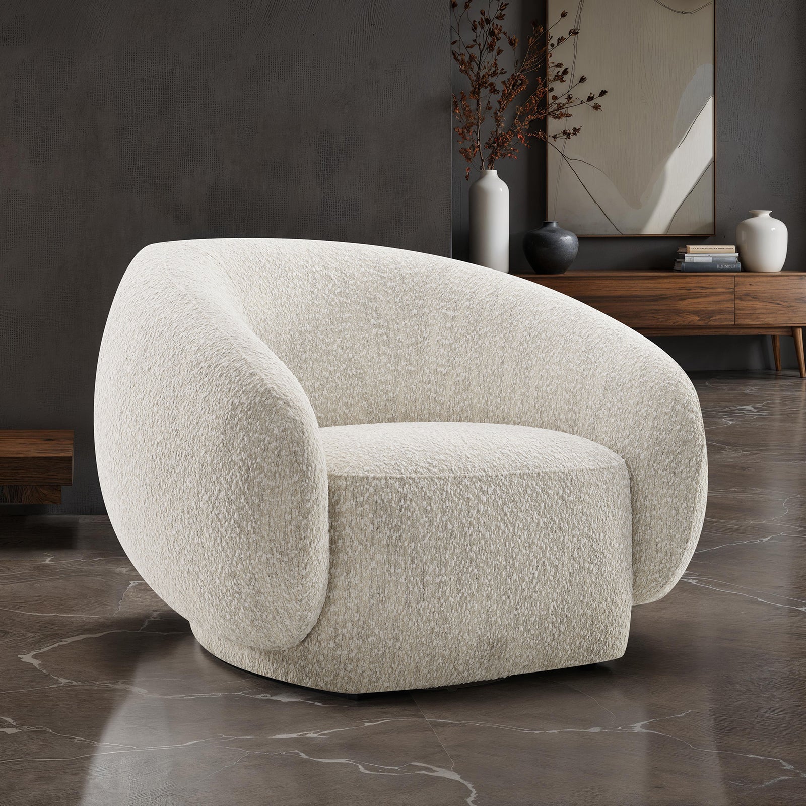 Contemporary Style 1pc Swivel Chair Boucle Upholstered 360 Degree Swivel Base armrest Slope Curved High Density Foam Beige Finish
