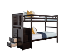 Twin Over Twin Bunk Bed Transitional Style Front Side Steps And 4 Under Storage Drawers, Espresso