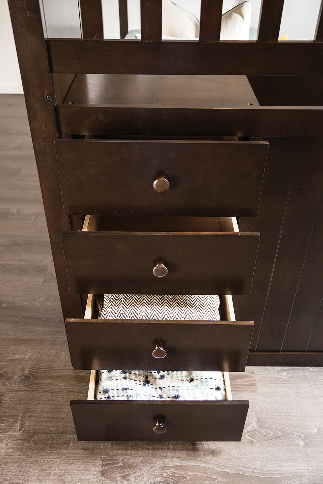 Twin Over Twin Bunk Bed Transitional Style Front Side Steps And 4 Under Storage Drawers, Espresso