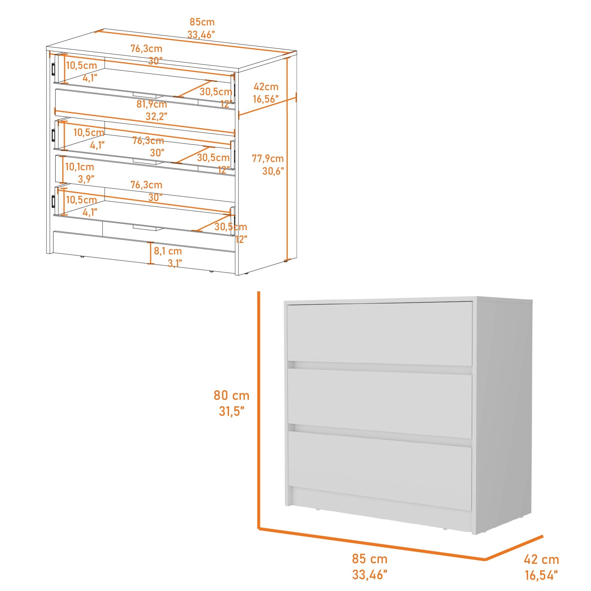 Avra 3 Drawer Dresser, Manufactured Wood Top and Front Chest of Drawers