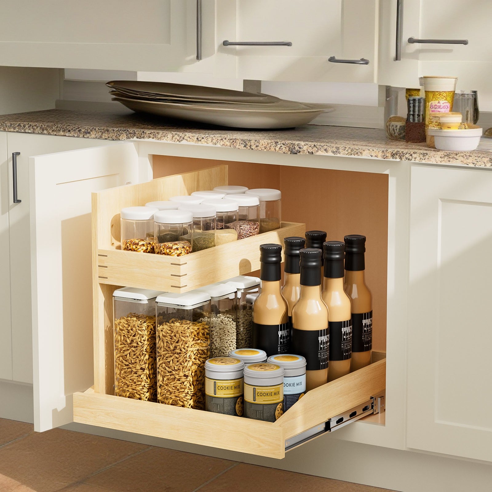 Under Sink Organizers and Storage 22½" W x 21" D, 2 Tier Pull Out Cabinet Organizer with Hard Close, Adjustable Pull Out Cabinet organizer with U Bracket for Bathroom Kitchen(Left)
