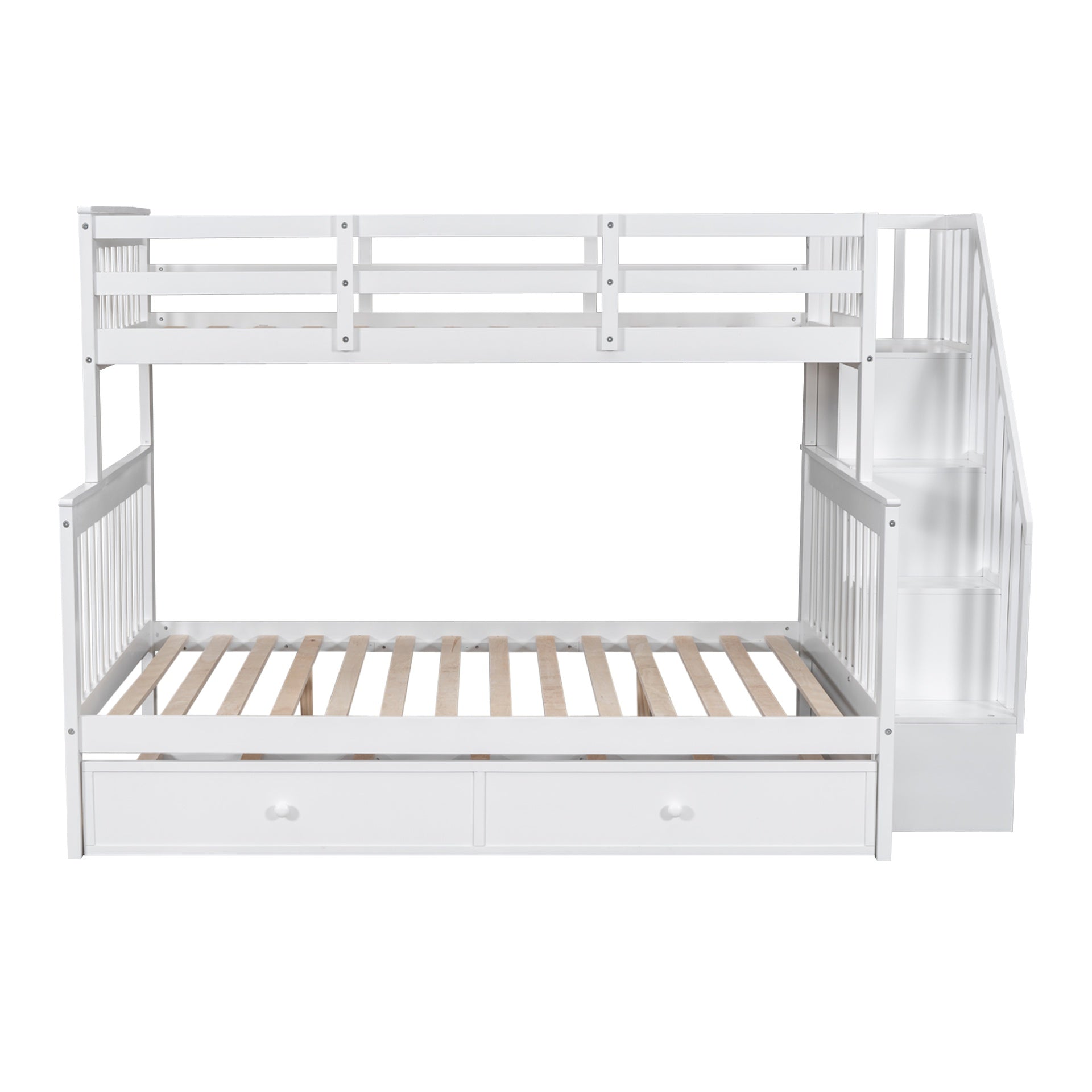 Twin-Over-Full Bunk Bed with Twin size Trundle, Storage and Guard Rail for Bedroom, Dorm, for Adults, White