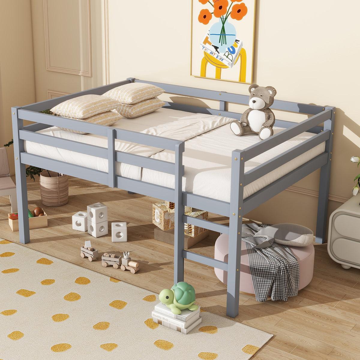 Full Rubber Wood Loft Bed with Ladder,Grey