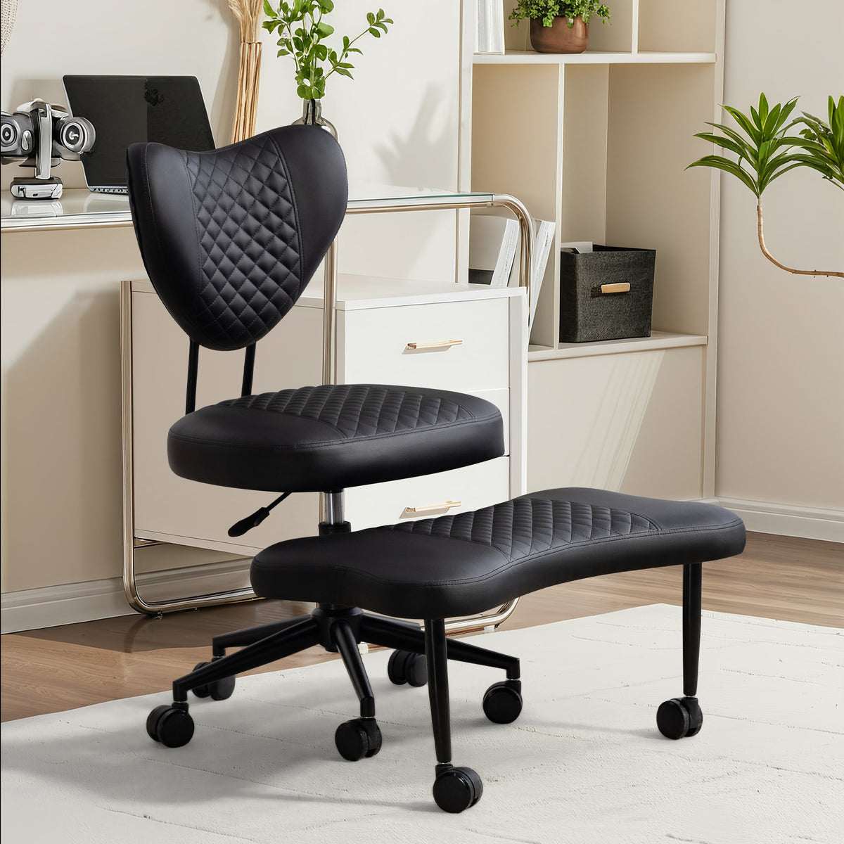 Upgraded Ergonomic Cross Legged Swivel Chair, Adjustable Height and PU Leather, Meditation& ADHA Chair with Back Support, Home and Office,Yoga Chair, Black