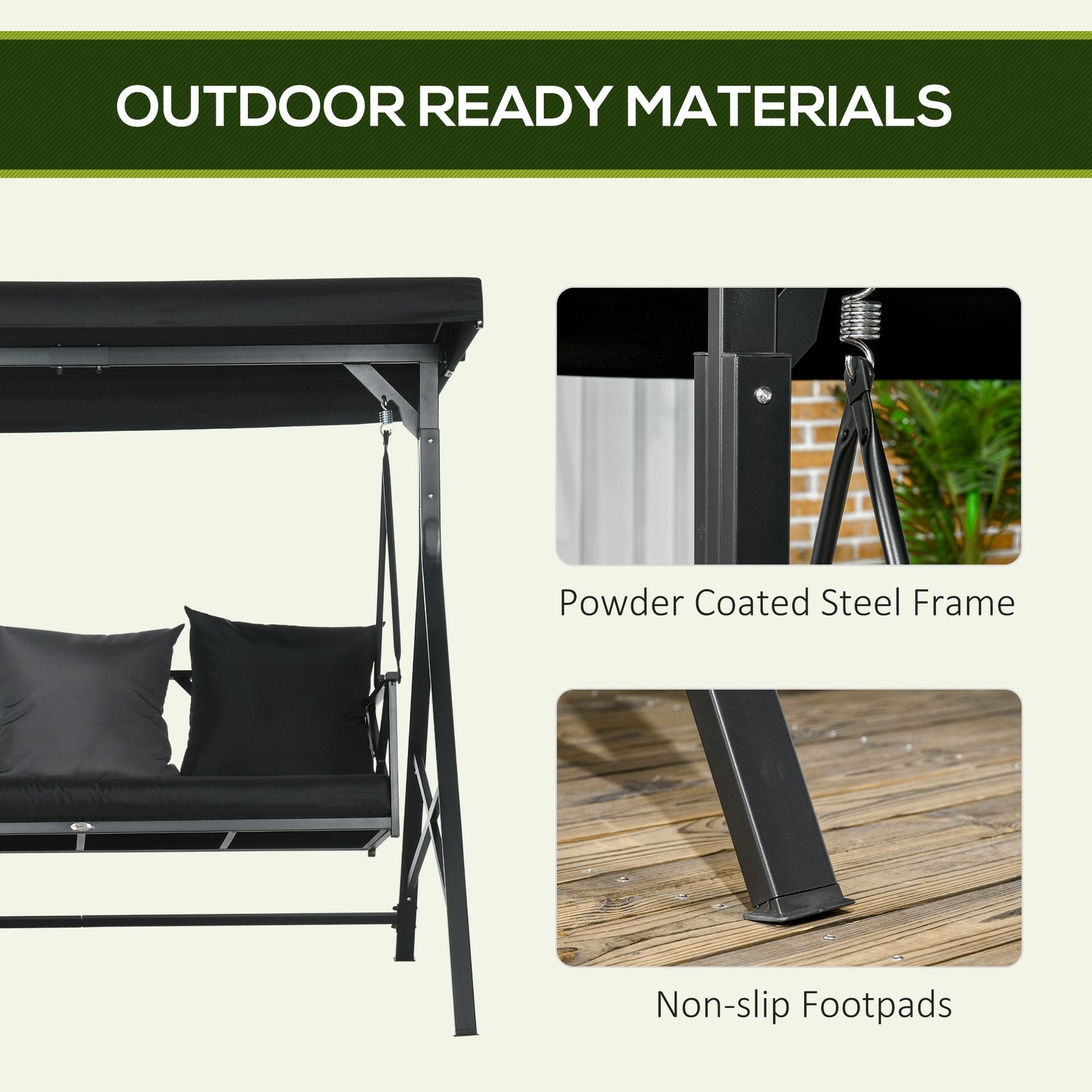 3-Seat Patio Swing Chair, Porch Swing Glider with Cushion, 3 Throw Pillows & Adjustable Canopy for Porch, Garden, Poolside, Backyard, Black