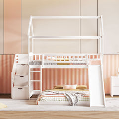 Twin Over Full Bunk Bed with Slide, House Bed with Slide, White