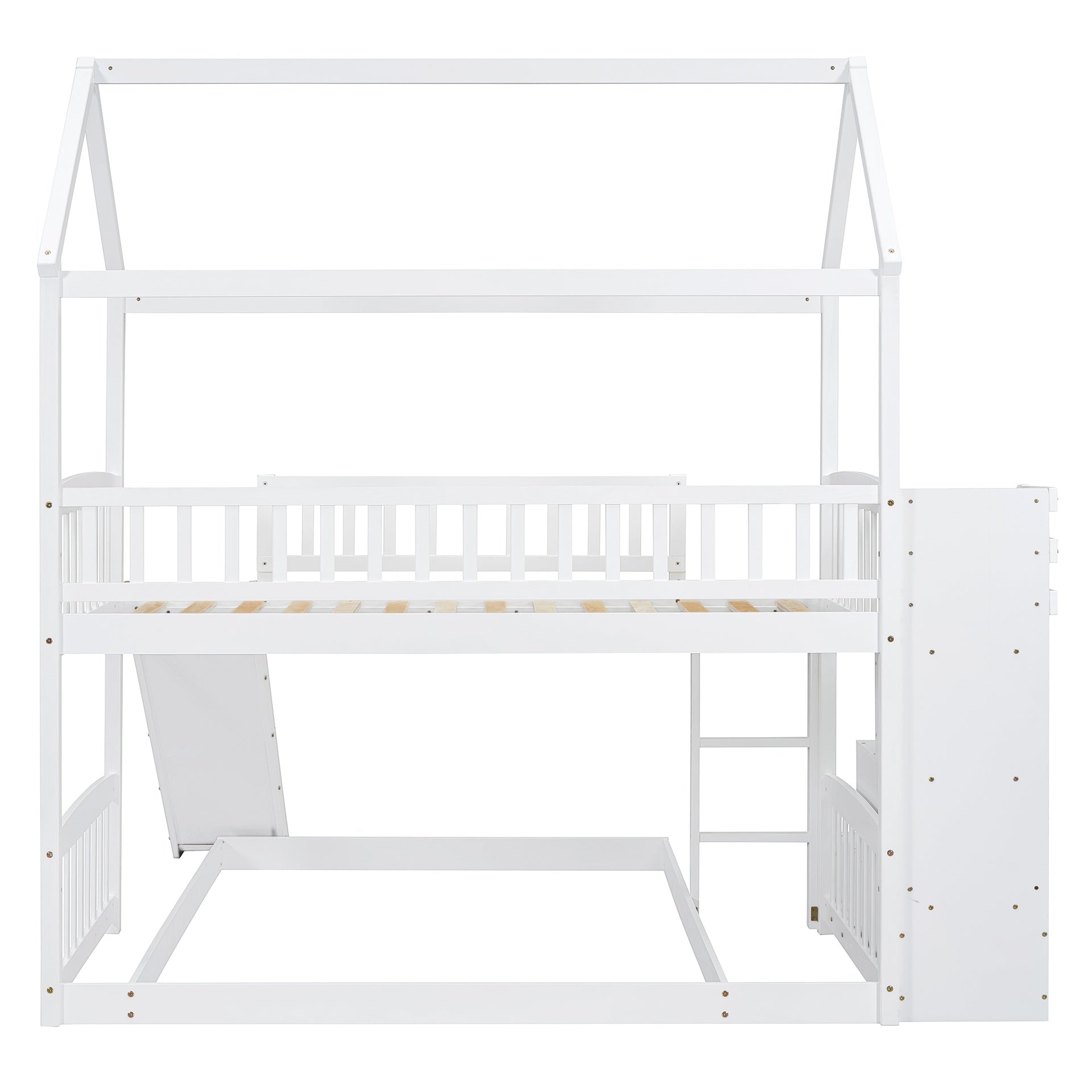 Twin Over Full Bunk Bed with Slide, House Bed with Slide, White