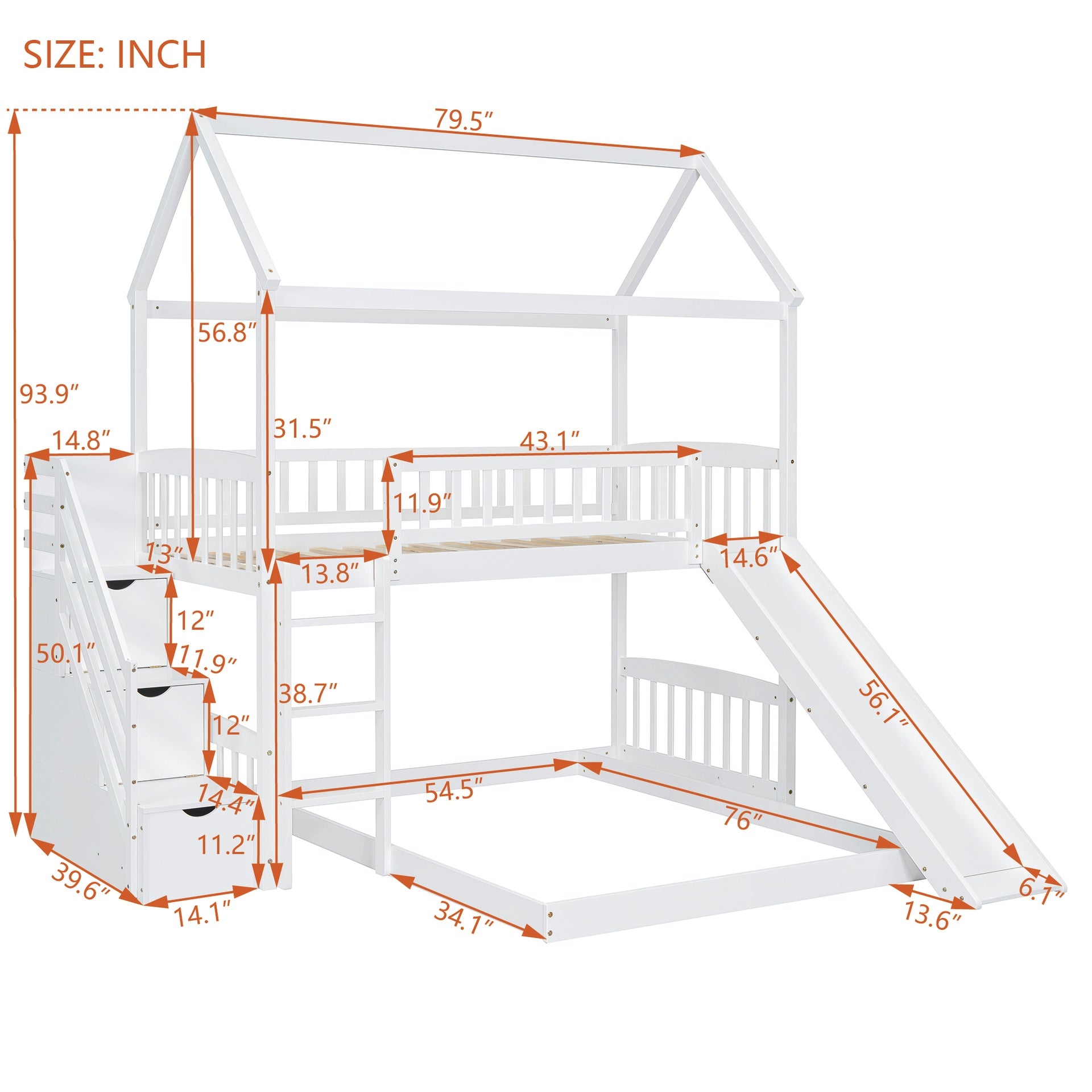 Twin Over Full Bunk Bed with Slide, House Bed with Slide, White