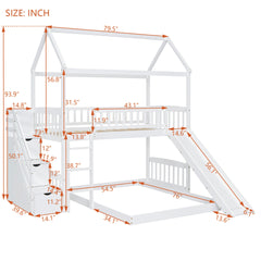 Twin Over Full Bunk Bed with Slide, House Bed with Slide, White