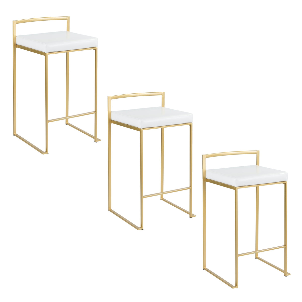Fuji 26" Contemporary Counter Stool in Gold Metal with White Faux Leather by LumiSource - Set of 3