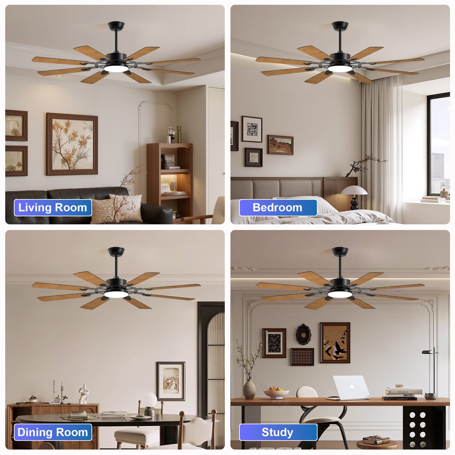 60 Inch Ceiling Fan with Lights and Remote Control, 8 Plywood Blades, 6-Speed Noiseless Reversible DC Motor, 3CCT, Windmill Ceiling fan for Kitchen Bedroom Living Room, Black