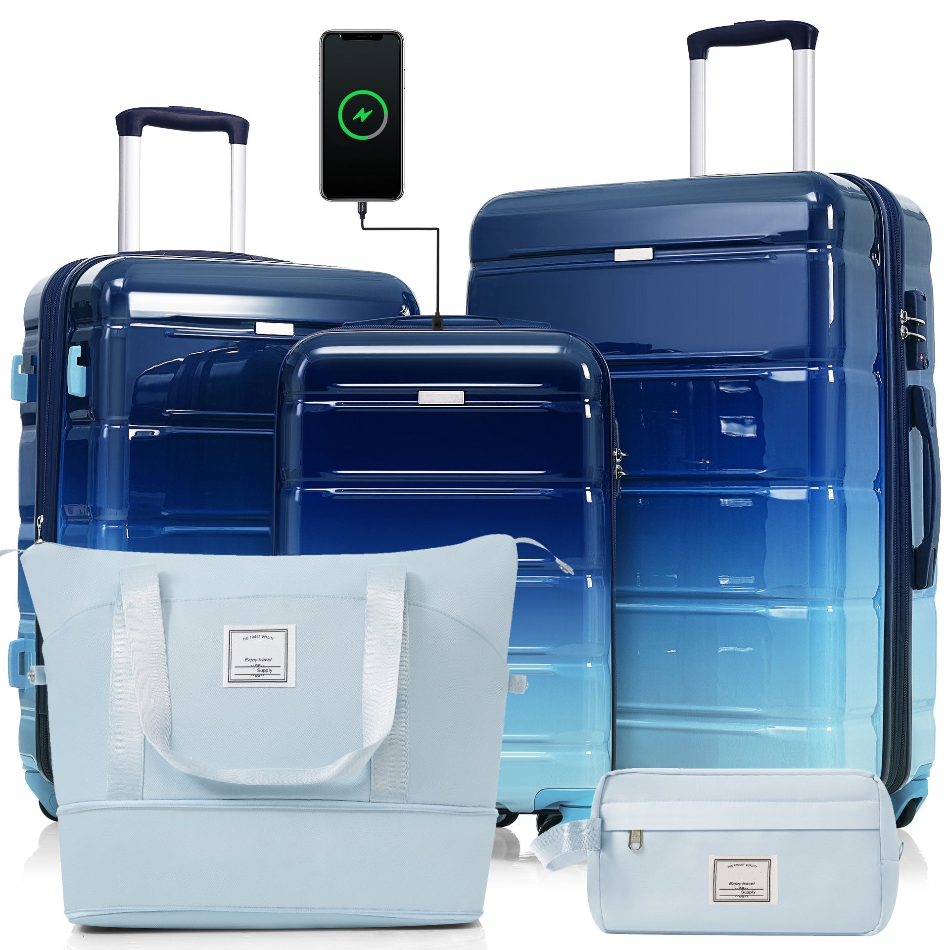 Luggage Sets 5 Piece, 20-inch with USB Port, ABS Durable Suitcase with Travel Bag, ABS+PC Hard Shell Luggage with Spinner Wheels, navy