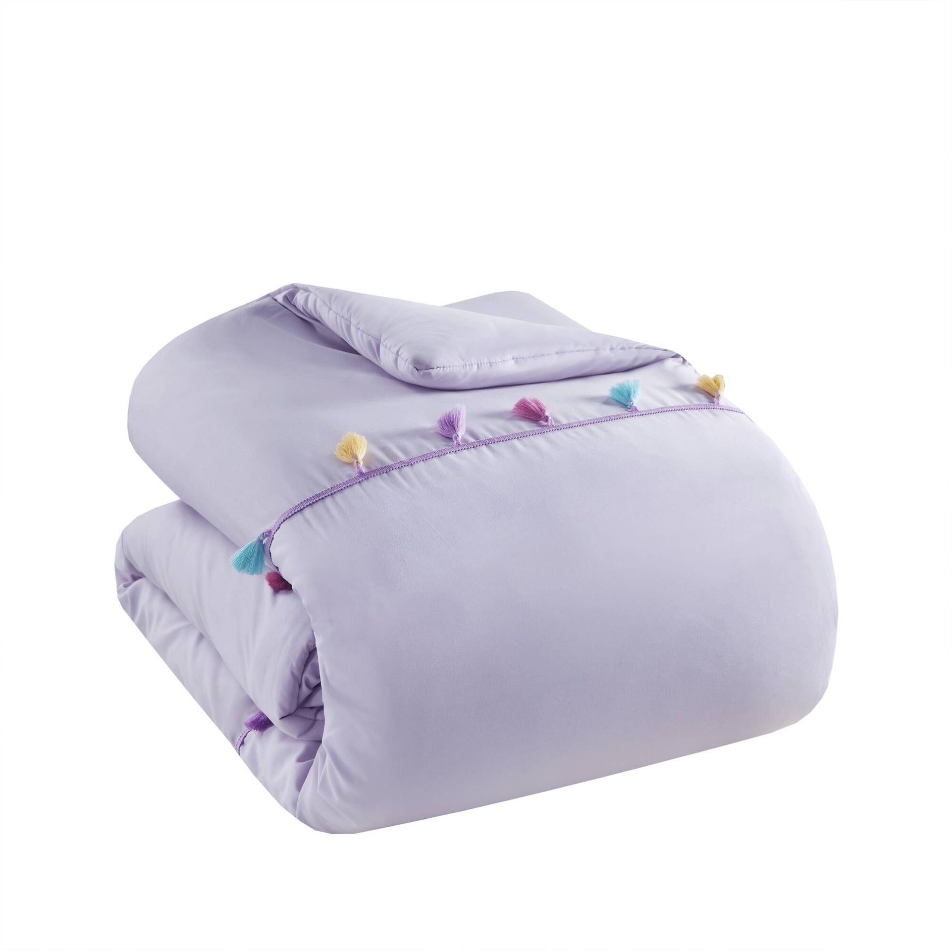 3 PCS Twin Tassel Comforter Set with Heart Shaped Throw Pillow Lavender