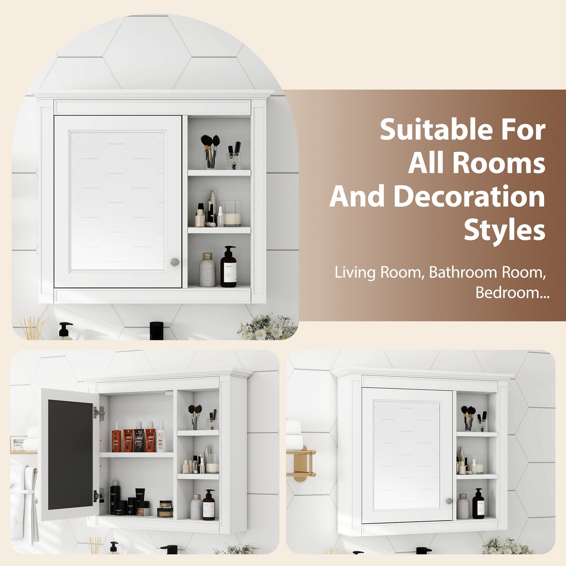30'' x 28'' Medicine Cabinet, Wall Mounted Bathroom Storage Cabinet, Modern Bathroom Wall Cabinet with Mirror,Medicine Cabinet,  Mirror Cabinet with 3 Open Shelves (Not Include Bathroom Vanity )
