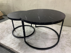Nesting Coffee Table Set of 2, 27.6inch Round Coffee Table Wood Marble Pattern Top with Sturdy Metal Frame, End Table Side Tables for Living Room Bedroom Balcony Yard (Black)