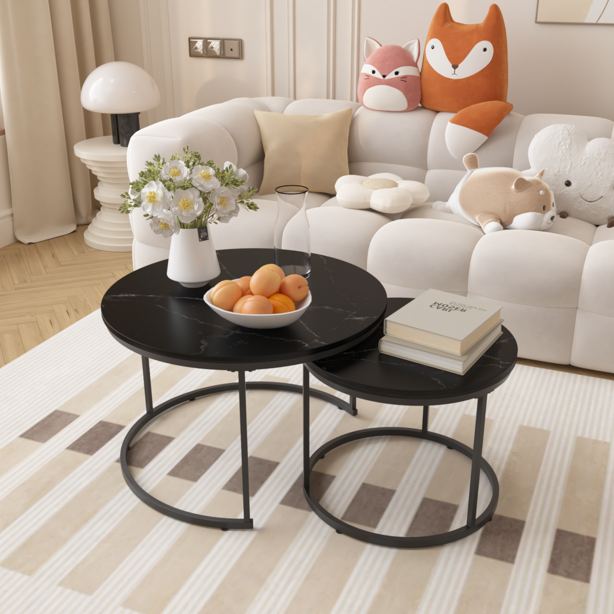 Nesting Coffee Table Set of 2, 27.6inch Round Coffee Table Wood Marble Pattern Top with Sturdy Metal Frame, End Table Side Tables for Living Room Bedroom Balcony Yard (Black)