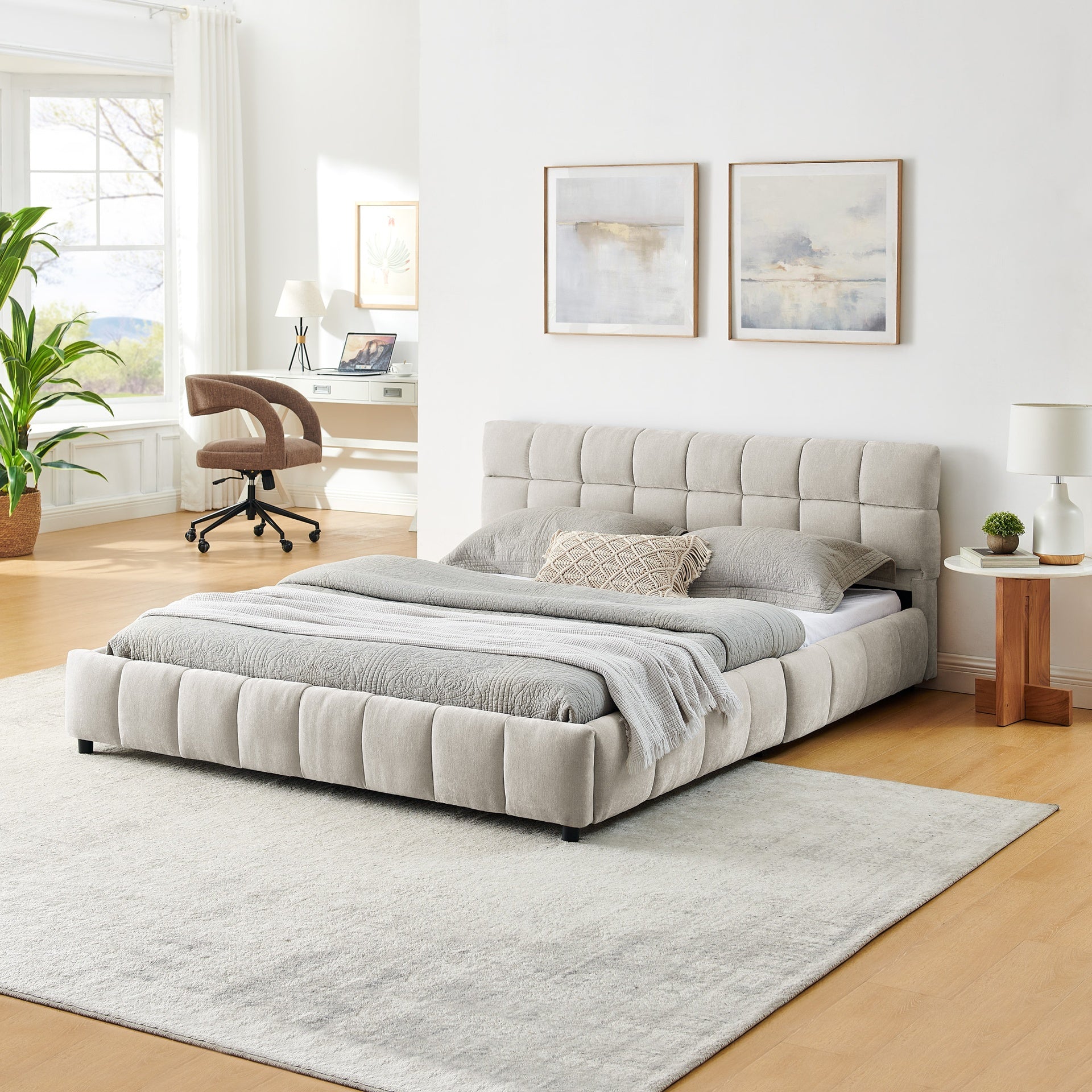 Queen Size Upholstered Bed ,comfortable upholstered bed frame, Chenille fabric, with headboard and solid bed frame. With drawer for storage.-Beige(88.5''*68.5''*31'')
