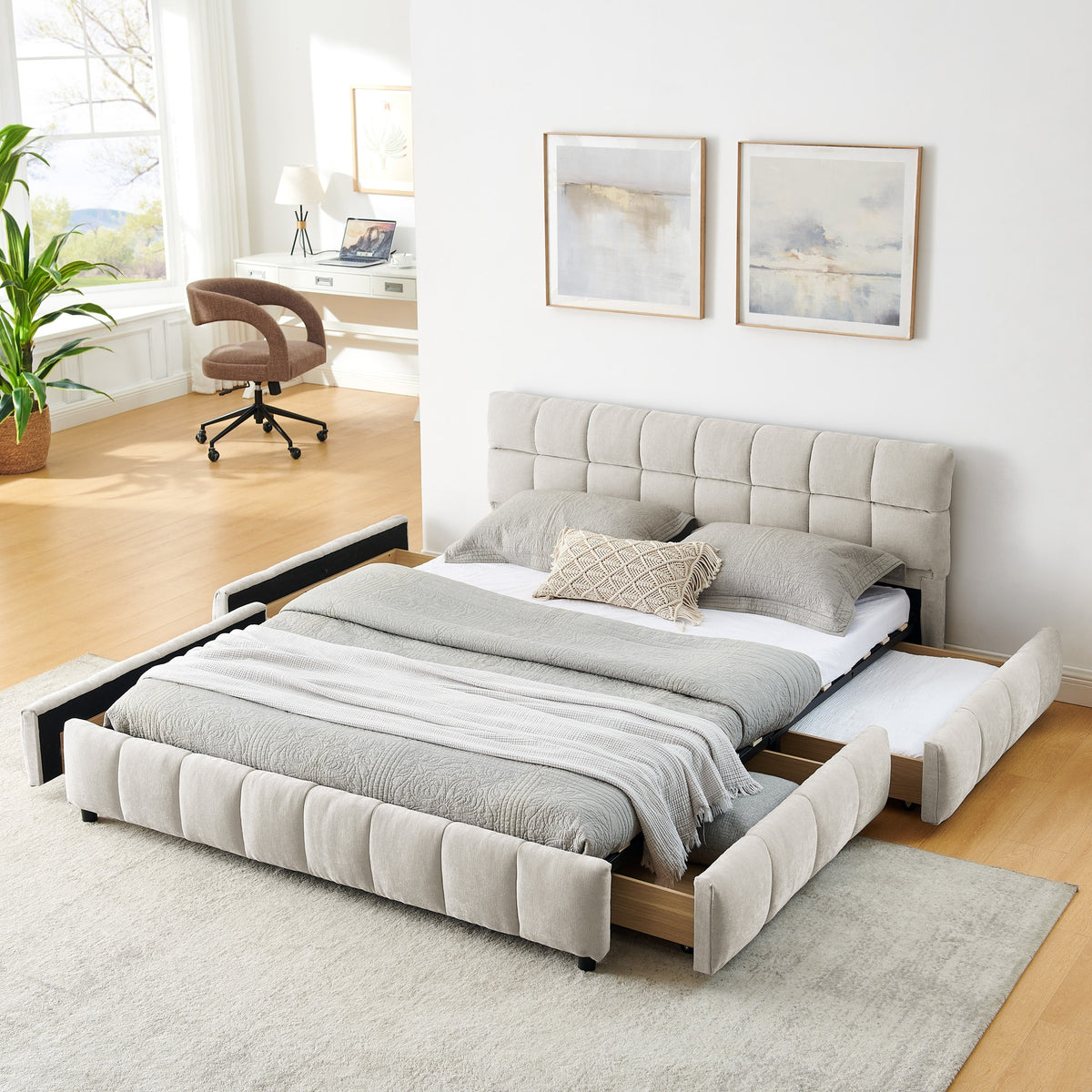 Queen Size Upholstered Bed ,comfortable upholstered bed frame, Chenille fabric, with headboard and solid bed frame. With drawer for storage.-Beige(88.5''*68.5''*31'')